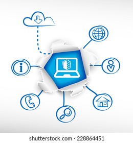 Laptop protection sign icon and sketch diagrams. Doodle vector illustration. Breakthrough paper hole.