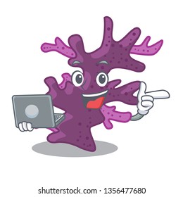 With laptop purple coral reef in cartoon aquarium