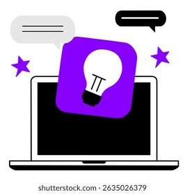 Laptop with purple light bulb and speech bubbles representing creative thinking and digital inspiration concept

