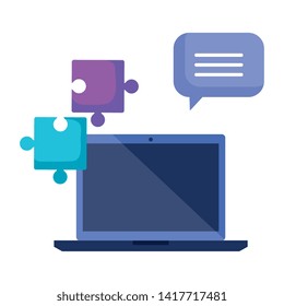 laptop with puzzle pieces and speech bubble