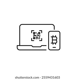 Laptop with qr code, bitcoin and smartphone. Crypto wallet reload, secure digital transactions. Pixel perfect vector icon