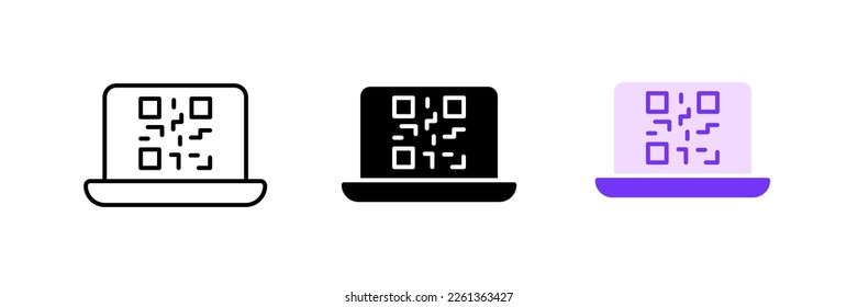 Laptop with qr code. Quick access, scan, scanner, website, online, modern technology, encrypted information. Vector set icon in line, black and colorful styles isolated on white background