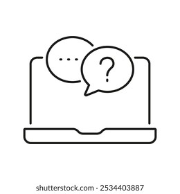 Laptop mit Frage Chat Bubble Line Icon für Online Support Services. Online-Chat für das Kundendienstsymbol. Bearbeitbarer Strich. Isolierte Vektorgrafik.