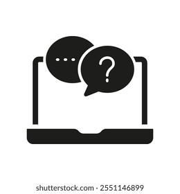 Portátil con el icono de la silueta de la burbuja del chat de la pregunta para los servicios de Asistencia en línea. Chat en línea para Asistencia al cliente Glyph Symbol. Ilustración vectorial aislada.