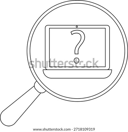 A laptop with a question mark on the screen is seen through a magnifying glass