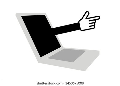 Laptop with real hand - mouse cursor is going out of the screen. - virtual reality is going to reallity / dangerous hand is going to attack from hacked computer