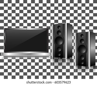 Laptop realistic with a blank screen on the background isolate,and modern music speakers