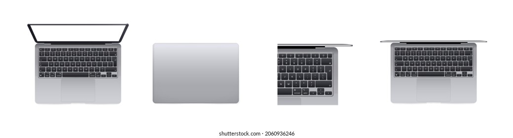 Laptop realistic computer in mockup style. Laptops in different angles, positions with blank screen. Isometric, frontal, top view, perspective. Great Collection Mock-ups of realistic laptops. Vector