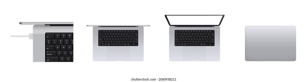 Laptop realistic computer in mockup style. Isometric, frontal, top view, perspective. Side, top view and isometric. Vector collection Mockups generic device. Template notebook for presentation