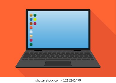 Laptop, realistic laptop with screen saver and application icons. Vector illustration.