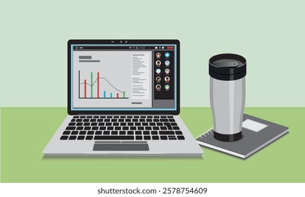 Laptop with a real-time collaboration and video meeting application. Ongoing meeting with presentation and team members.  A notebook and travel mug beside.  Simplified flat style. Vector Illustration