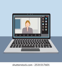 Laptop with a real-time video meeting application. Ongoing meeting with presentation and team members. Simplified flat style. Vector Illustration