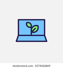 laptop from recycle materials and sprout leaf icon flat, free energy, ecology, renewable and green energy concept. Outline and filled colourful icon.