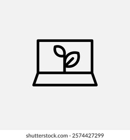 laptop from recycle materials and sprout leaf icon line, free energy, ecology, renewable and green energy concept. Linear and lineart icon.