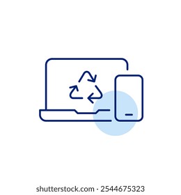 Laptop with recycling arrows and phone. Green IT practices and sustainability in technology. Pixel perfect, editable stroke icon