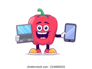 With laptop red bell pepper cartoon mascot character vector illustration design