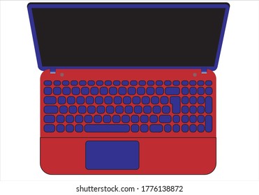 
Laptop in red and blue seen from above
