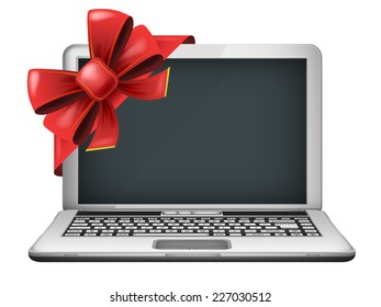 laptop with red festive bow wrapping vector isolated illustration