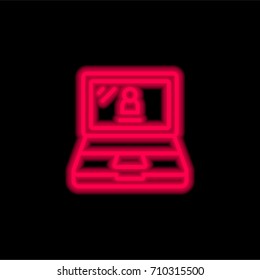 Laptop red glowing neon ui ux icon. Glowing sign logo vector