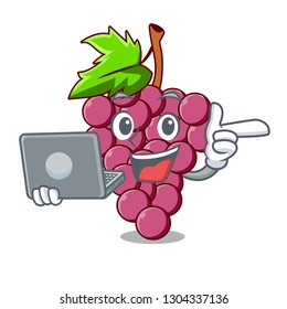 With laptop red grapes fruit in cartoon shape