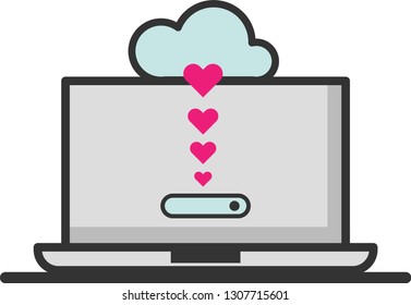 Laptop, red heart shape, download love concept. Vector flat isolated illustration