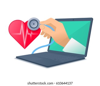 Laptop, red heart shape, pulse line, doctor's hand holding a stethoscope. Medic through the computer screen checking heartbeat. Tele, online, remote medicine concept. Vector flat isolated illustration