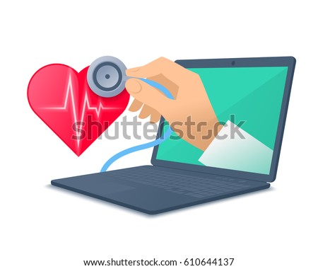 Laptop, red heart shape, pulse line, doctor's hand holding a stethoscope. Medic through the computer screen checking heartbeat. Tele, online, remote medicine concept. Vector flat isolated illustration