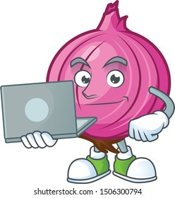With laptop red onion cartoon for recipe food