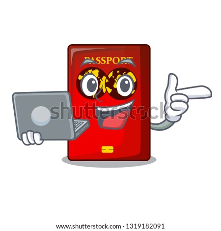With laptop red passport in the character shape