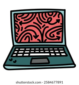 Laptop with red theme doodle on the screen. Simple illustration. Hand drawn doodle for sticker, postcard, wallpaper, mural, fabric, prints, wall decor, clothing, etc