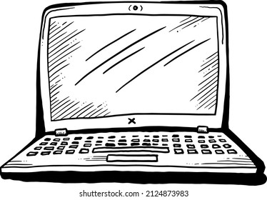 Laptop for remote work. Pc computer for freelance home office. Notebook for business and study. Hand drawn retro vintage black and white vector illustration. Old style tattoo drawing. 