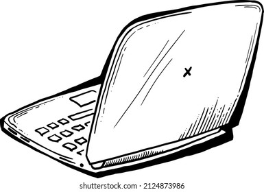 Laptop for remote work. Pc computer for freelance home office. Notebook for business and study. Hand drawn retro vintage black and white vector illustration. Old style tattoo drawing. 