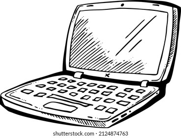 Laptop for remote work. Pc computer for freelance home office. Notebook for business and study. Hand drawn retro vintage black and white vector illustration. Old style tattoo drawing. 