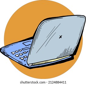 Laptop for remote work. Pc computer for freelance home office. Notebook for business and study. Hand drawn colorful retro vintage vector illustration. Old style cartoon,  comics, tattoo drawing. 