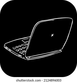 Laptop for remote work. Pc computer for freelance home office. Notebook for business and study. Hand drawn white on black simple vector illustration. 