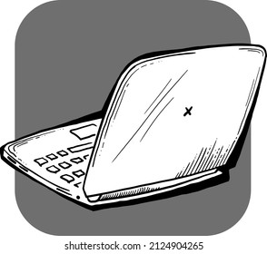 Laptop for remote work. Pc computer for freelance home office. Notebook for business and study. Hand drawn black and white retro vintage vector design  illustration. Old style drawing. 