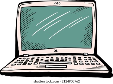 Laptop for remote work. Pc computer for freelance home office. Notebook for business and study. Hand drawn colorful retro vintage vector illustration. Old style drawing. 