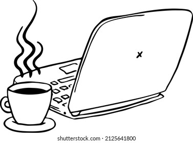 Laptop for remote work. Pc computer for freelance home office. Notebook for business and study. Hand drawn vector illustration. 