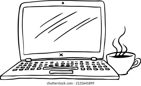 Laptop for remote work. Pc computer for freelance home office. Notebook for business and study. Hand drawn vector illustration. 