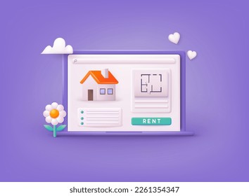Laptop with rent home app. Buy real estate and pay credit to bank. Abstract ownership agreement visualization. 3D Vector Illustrations.