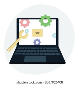 Laptop-Reparatur, Computerservice. Flacher Cartoon-Stil. Vektorgrafik-Konzept

