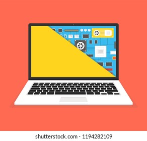 Laptop repair, computer service. Motherboard in the section of the screen. Vector illustration.