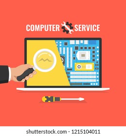 Laptop repair, computer service. Motherboard in the section of the screen. Vector illustration.