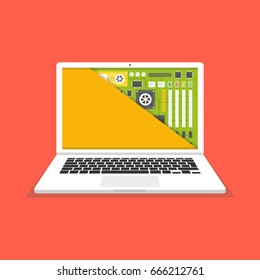 Laptop repair, computer service. Motherboard in the section of the screen. Flat cartoon style. Vector illustration.