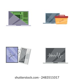 Laptop repair icons set cartoon vector. Various broken personal computer. Repair service, maintenance