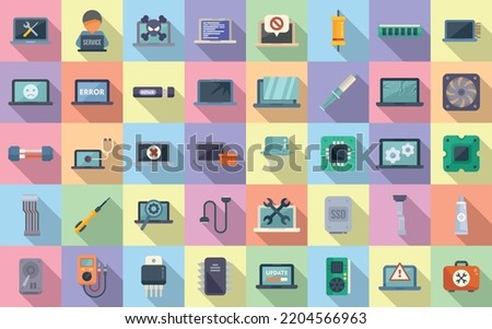 Laptop repair icons set flat vector. Repair computer. Broken support