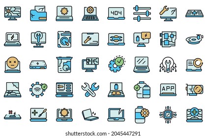 Laptop repair icons set. Outline set of laptop repair vector icons thin line color flat isolated on white