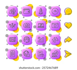 Laptop repair, Rocket and Wallet line icons. App 3d buttons. Social media comment, share, like icons. Pack of Recovery internet, Correct answer, Swipe up icon. Vector