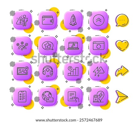 Laptop repair, Rocket and Wallet line icons. App 3d buttons. Social media comment, share, like icons. Pack of Recovery internet, Correct answer, Swipe up icon. Vector