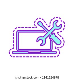 Laptop repair service. Colored sketch with dotted border on white background